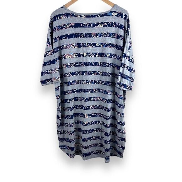 Lularoe Womens Blue Gray Floral Striped Stretch Short Sleeve Blouse Top Tunic XL - Picture 2 of 8